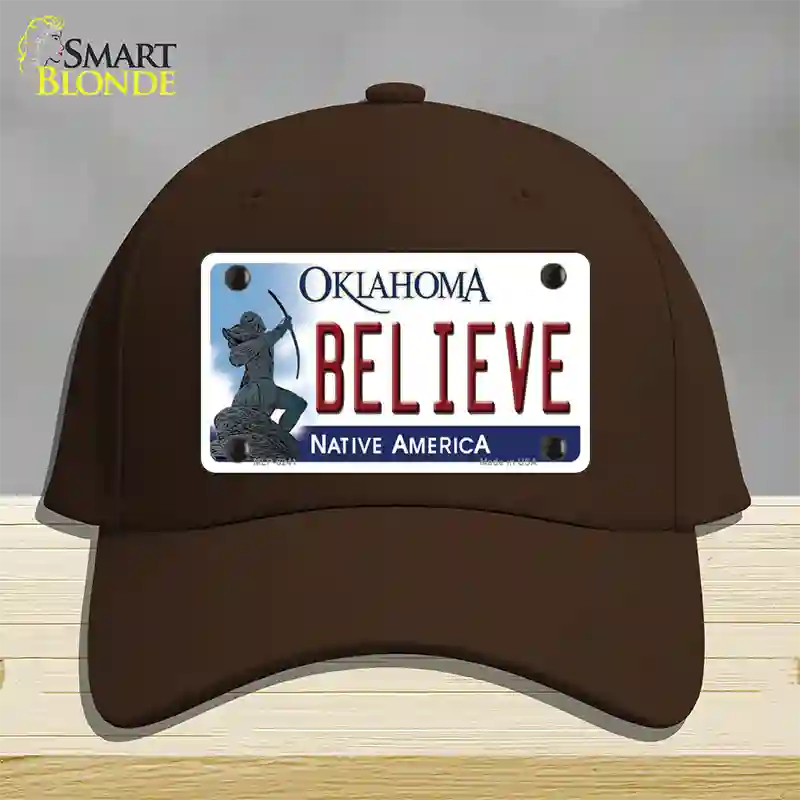 Believe Oklahoma Novelty License Plate Hat Cotton / Dark Brown