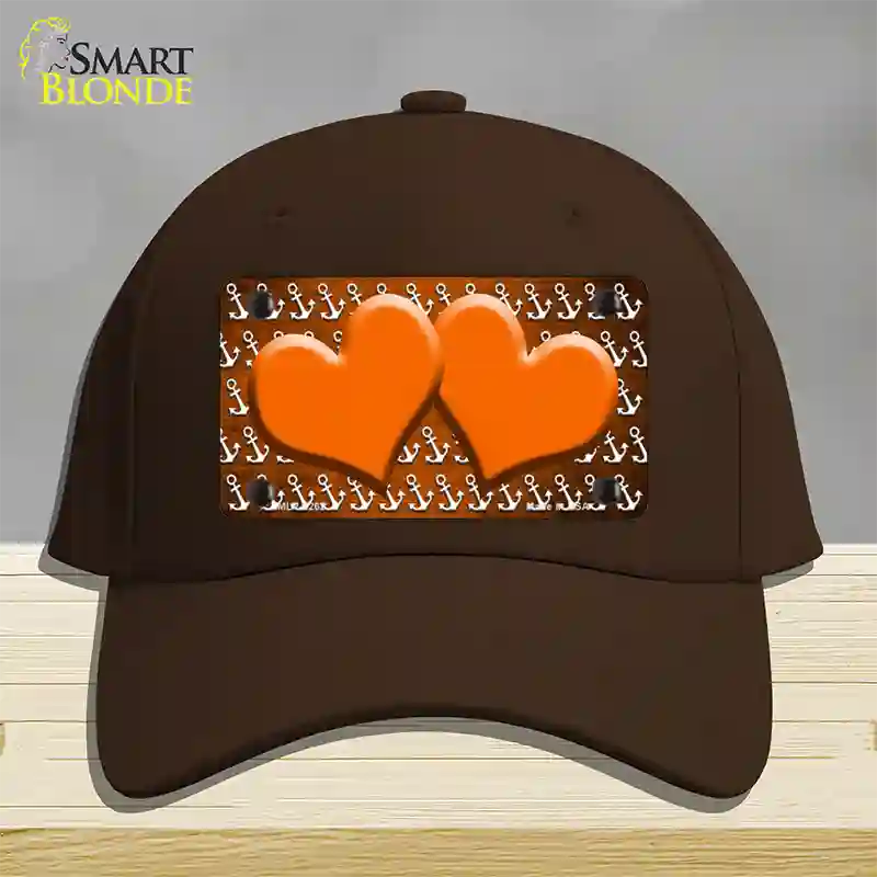 Orange White Anchor Hearts Oil Rubbed Novelty License Plate Hat Cotton / Dark Brown