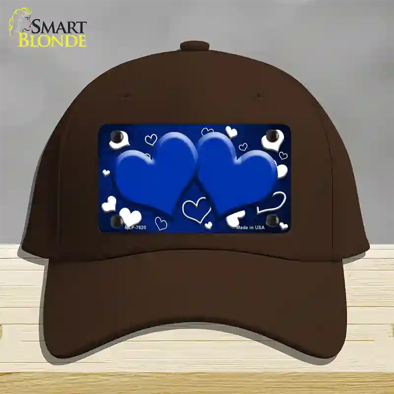 Blue White Love Hearts Oil Rubbed Novelty License Plate Hat Cotton / Dark Brown