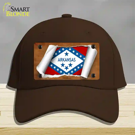 Arkansas Flag Scroll Novelty License Plate Hat Cotton / Dark Brown