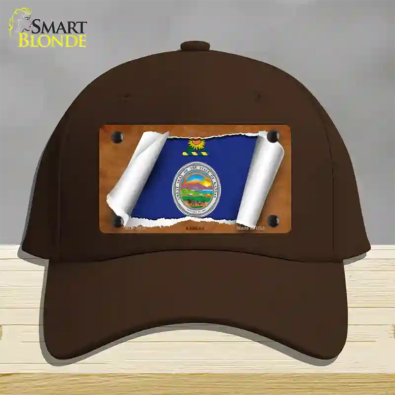 Kansas Flag Scroll Novelty License Plate Hat Cotton / Dark Brown