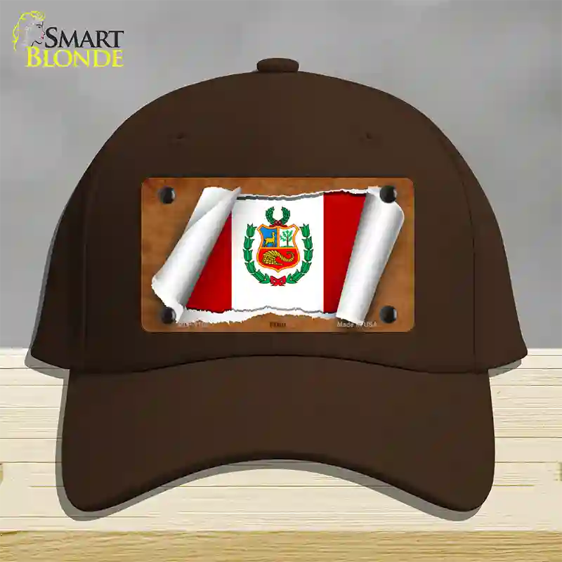 Peru Flag Scroll Novelty License Plate Hat Cotton / Dark Brown