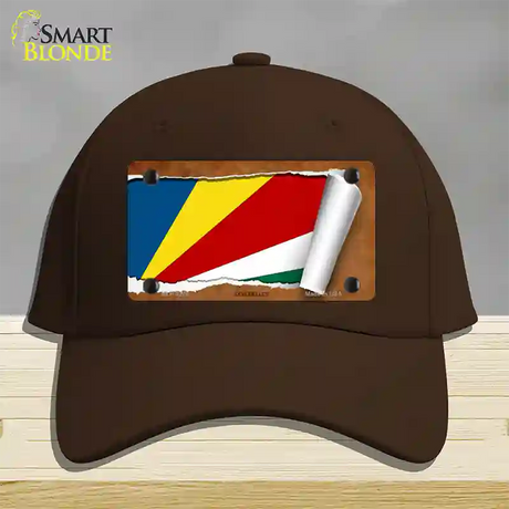 Seychelles Flag Scroll Novelty License Plate Hat Cotton / Dark Brown