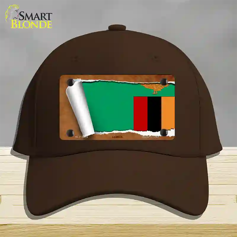 Zambia Flag Scroll Novelty License Plate Hat Cotton / Dark Brown