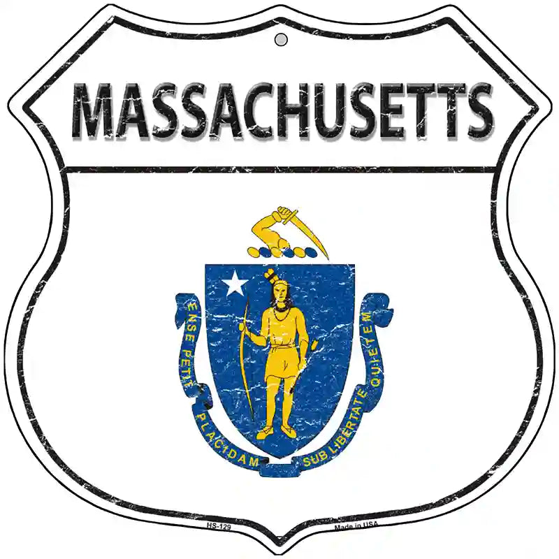 Massachusetts State Flag Highway Shield Metal Sign 12" (HS)