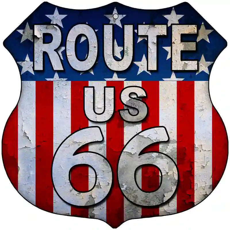 Route 66 Vertical American Flag Metal Novelty Highway Shield Sign 12" (HS)