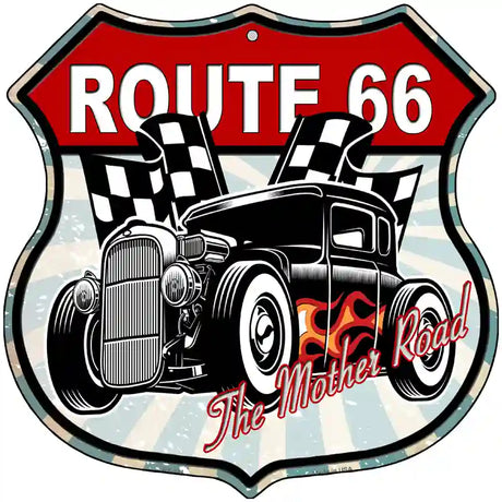 Black Hot Rod Flame Route 66 Novelty Metal Highway Shield Sign 12" (HS)