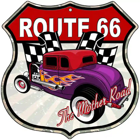 Purple Hot Rod Flame Route 66 Novelty Metal Highway Shield Sign 12" (HS)