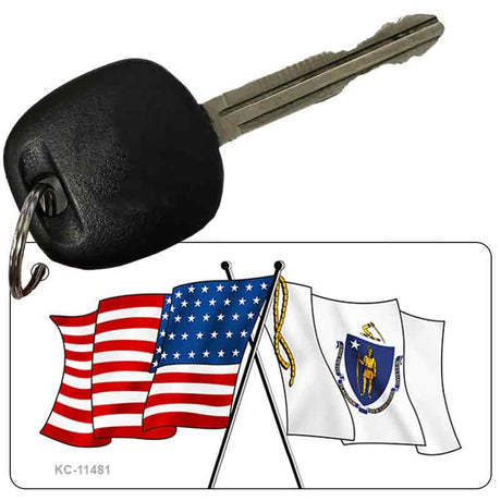 Massachusetts Crossed US Flag Novelty Metal Key Chain KC-11481