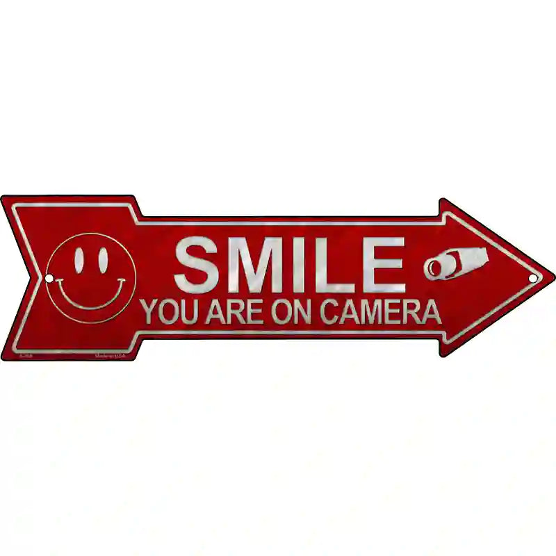 Smile Youre On Camera Novelty Metal Arrow Sign 23" x 7" (LA)