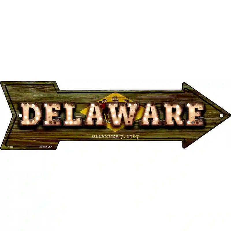 Delaware Bulb Lettering With State Flag Novelty Metal Arrow Sign 23" x 7" (LA)