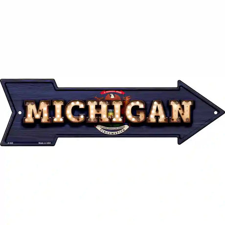 Michigan Bulb Lettering With State Flag Novelty Metal Arrow Sign 23" x 7" (LA)