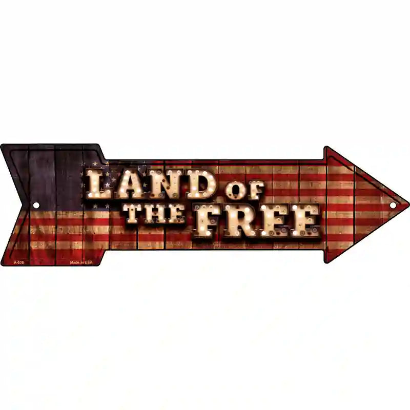 Land of the Free Bulb Letters American Flag Novelty Metal Arrow Sign 23" x 7" (LA)