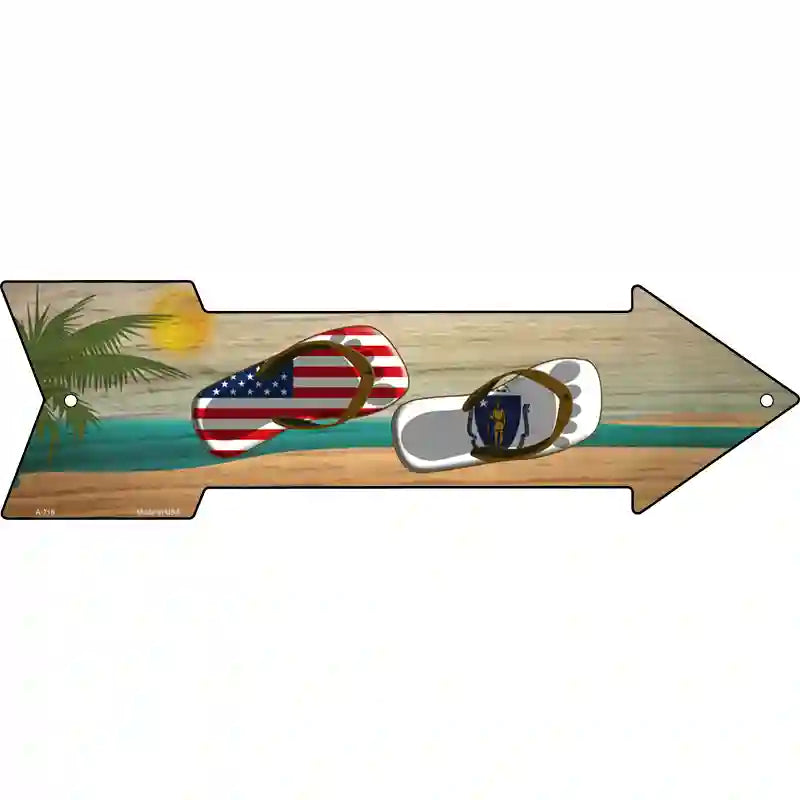 US and Massachusetts Flag Flip Flop Novelty Metal Arrow Sign 23" x 7" (LA)