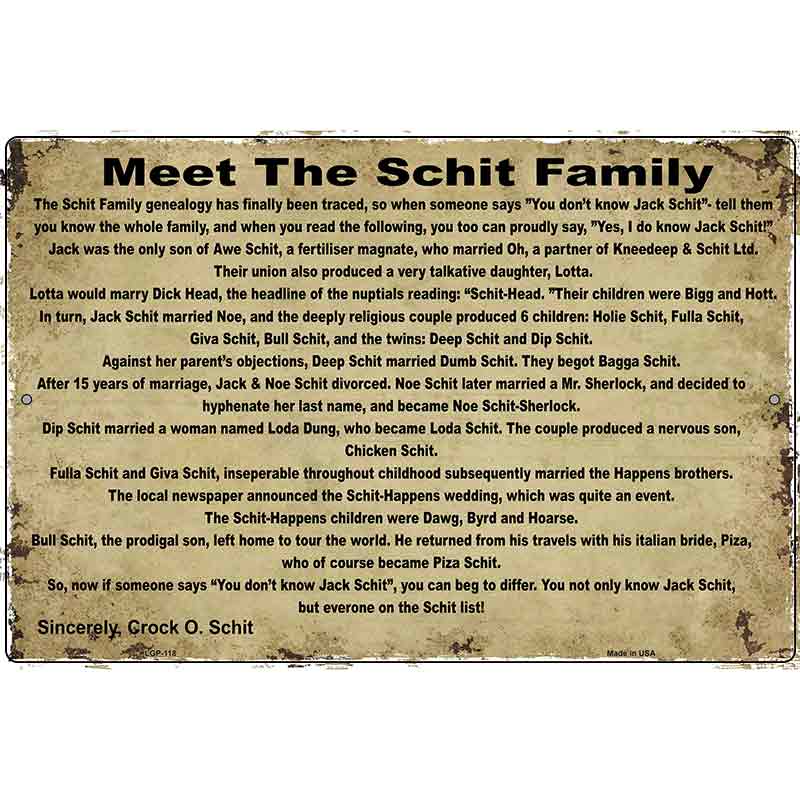 Meet The Schit Family Metal Novelty Parking Sign 12" x 18" (LGP)