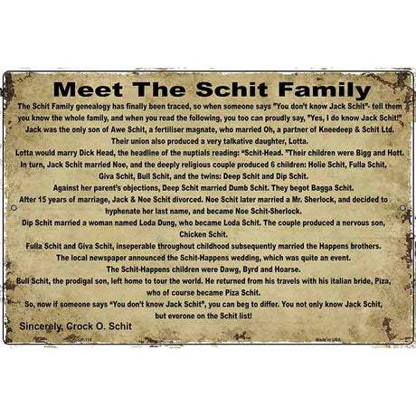 Meet The Schit Family Metal Novelty Parking Sign 12" x 18" (LGP)