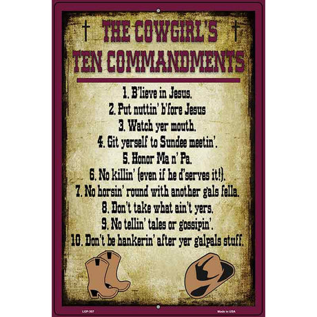 Cowgirls Ten Commandments Vertical Metal Novelty Parking Sign 12" x 18" (LGP)