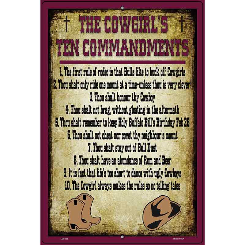 Cowgirls Ten Commandments Maroon Novelty Metal Parking Sign 12" x 18" (LGP)