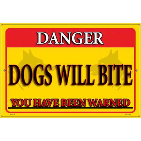 Dogs Will Bite Yellow Novelty Metal Parking Sign 12" x 18" (LGP)