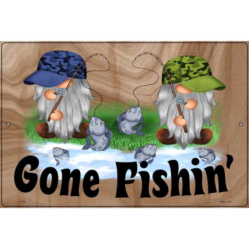 Gone Fishing Two Camo Gnomes Novelty Metal Parking Sign 12" x 18" (LGP)