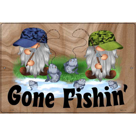 Gone Fishing Two Camo Gnomes Novelty Metal Parking Sign 12" x 18" (LGP)