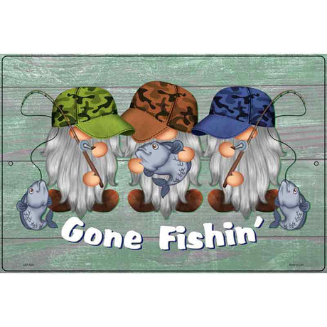 Gone Fishing Three Camo Gnomes Novelty Metal Parking Sign 12" x 18" (LGP)