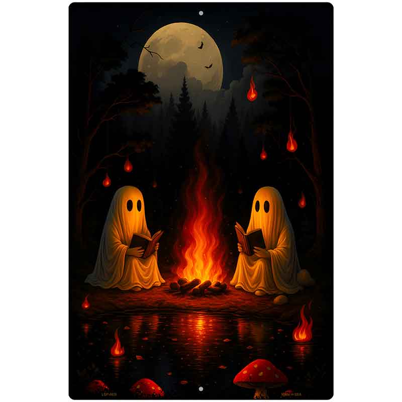 Two Ghosts Around Campfire Metal Novelty Parking Sign P-4625