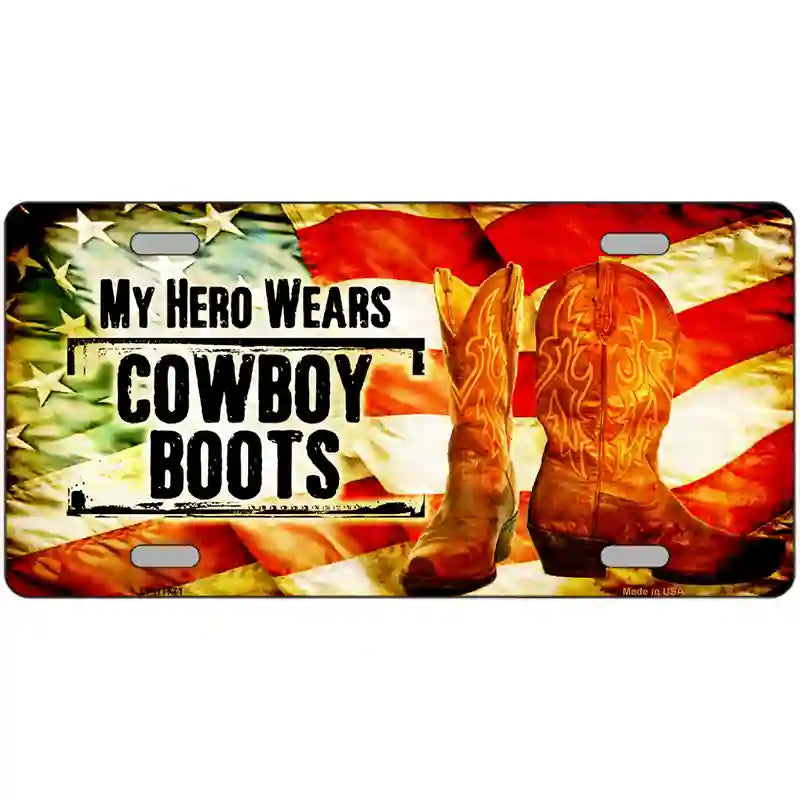 My Hero Wears Cowboy Boots Novelty License Plate 24" x 12" (LLP)