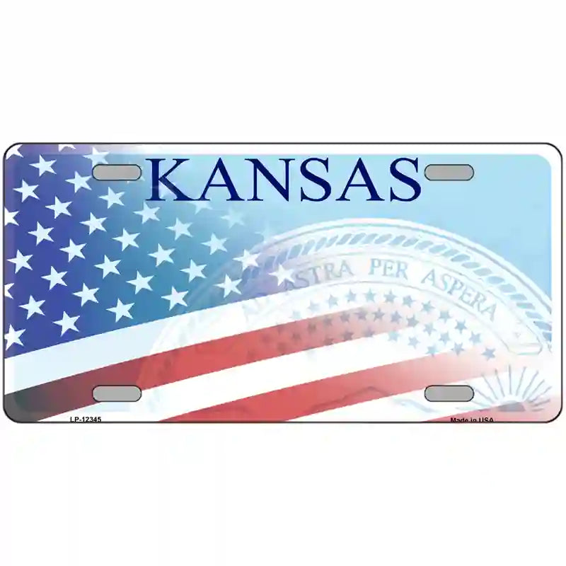 Kansas with American Flag Novelty Metal License Plate 24" x 12" (LLP)