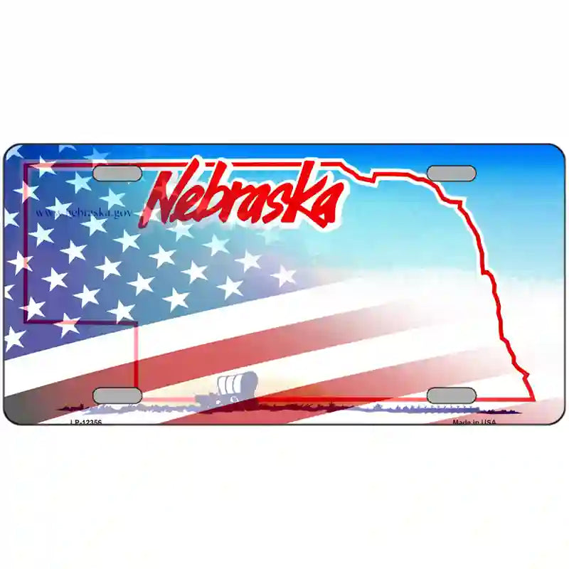 Nebraska with American Flag Novelty Metal License Plate 24" x 12" (LLP)