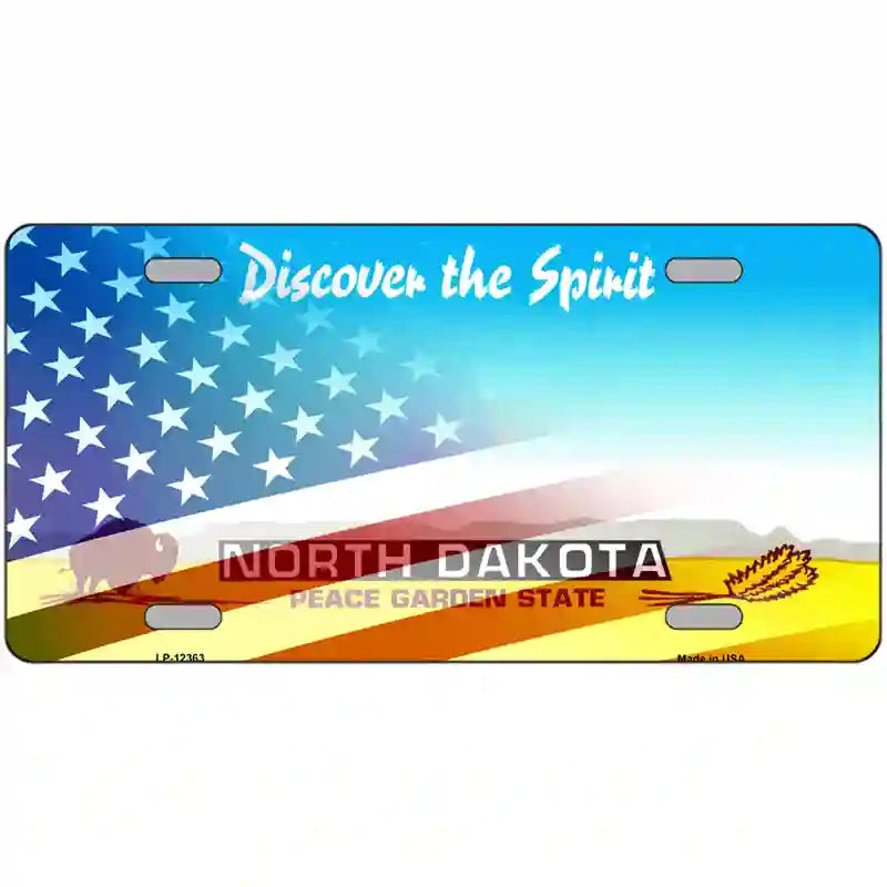 North Dakota with American Flag Novelty Metal License Plate 24" x 12" (LLP)