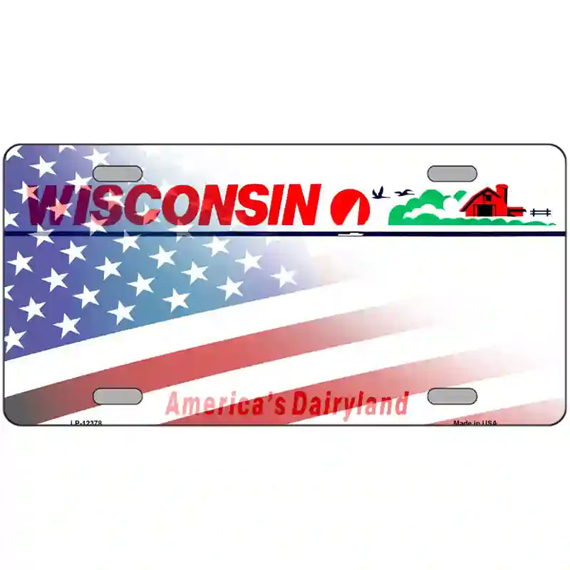 Wisconsin with American Flag Novelty Metal License Plate 24" x 12" (LLP)