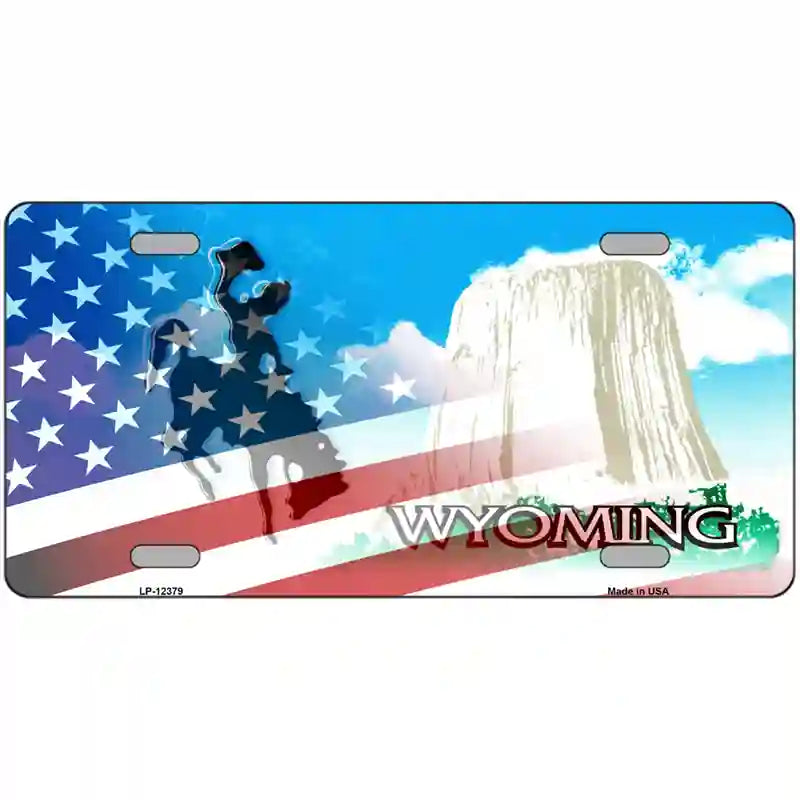 Wyoming with American Flag Novelty Metal License Plate 24" x 12" (LLP)