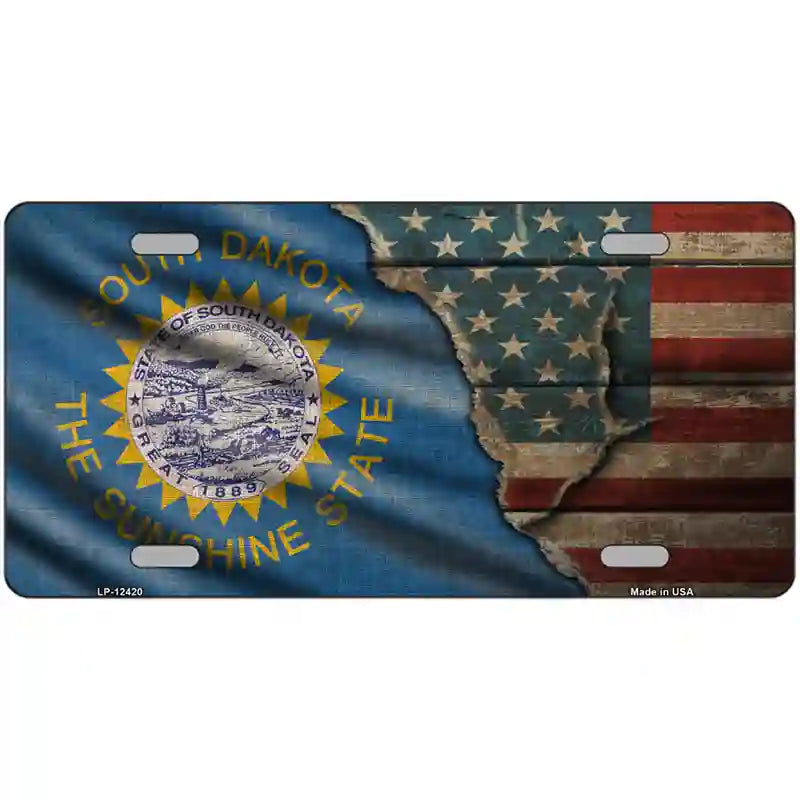 South Dakota/American Flag Novelty Metal License Plate 24" x 12" (LLP)