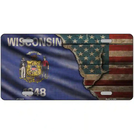 Wisconsin/American Flag Novelty Metal License Plate 24" x 12" (LLP)