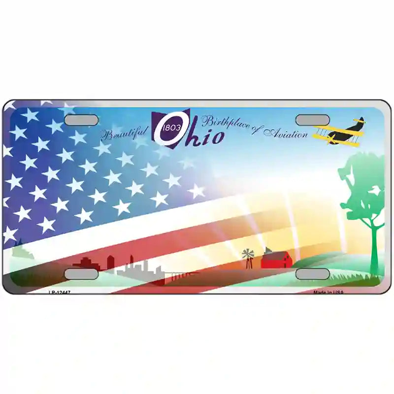 Ohio with American Flag Novelty Metal License Plate LP-12447 24" x 12" (LLP)