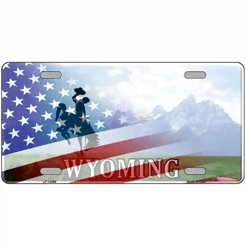 Wyoming Cowboy Plate American Flag Novelty Metal License Plate 24" x 12" (LLP)