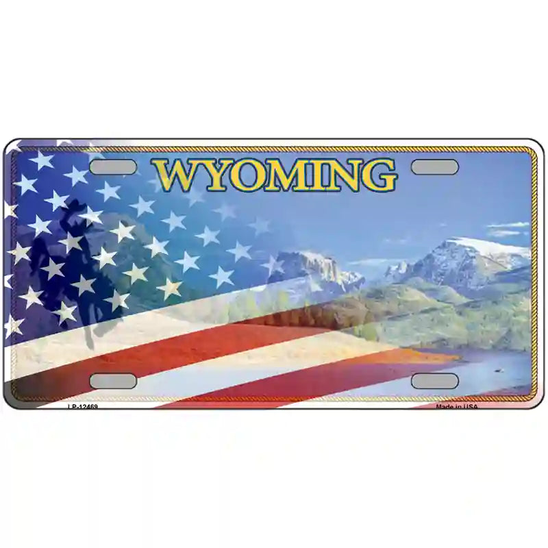 Wyoming with American Flag Novelty Metal License Plate LP-12469 24" x 12" (LLP)