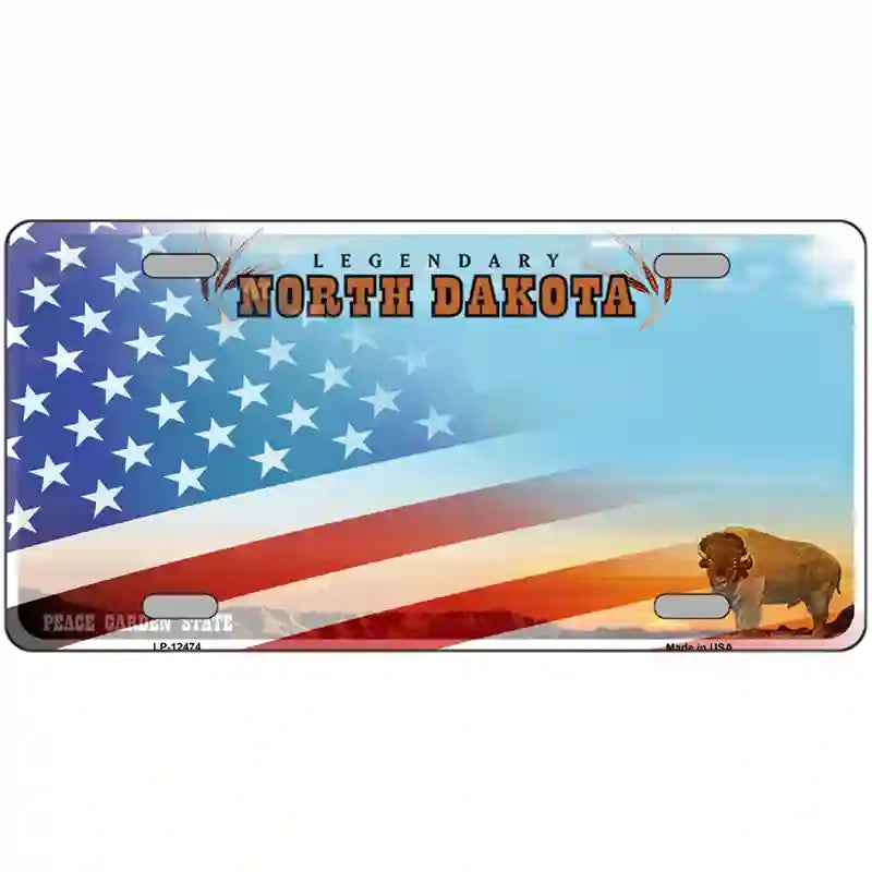 North Dakota with American Flag Novelty Metal License Plate LP-12474 24" x 12" (LLP)