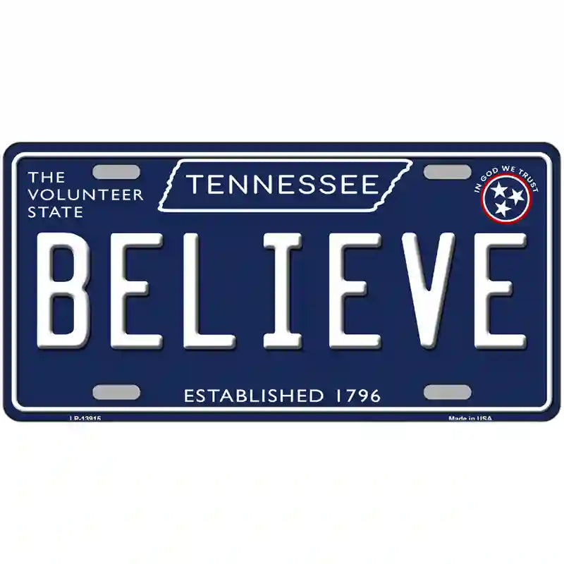 Believe Tennessee Blue Novelty Metal License Plate Tag 24" x 12" (LLP)