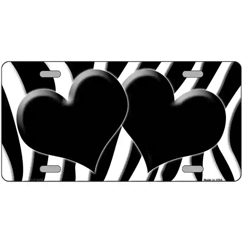 Black White Zebra Black Centered Hearts Novelty License Plate 24" x 12" (LLP)