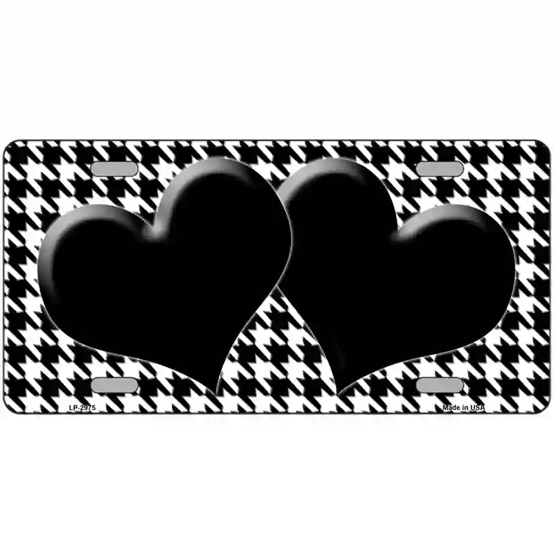 White Black Houndstooth Black Center Hearts Metal Novelty License Plate 24" x 12" (LLP)