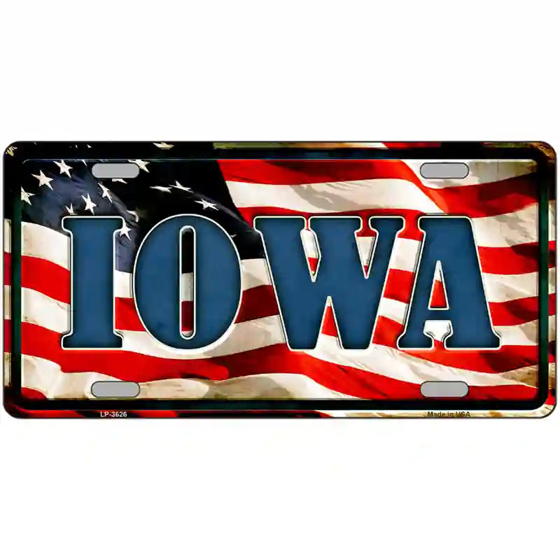 Iowa on American Flag Metal Novelty License Plate 24" x 12" (LLP)