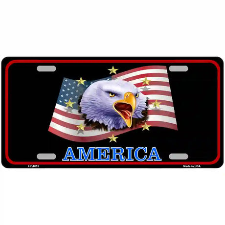 Waving Flag Bald Eagle Black Metal Novelty License Plate 24" x 12" (LLP)