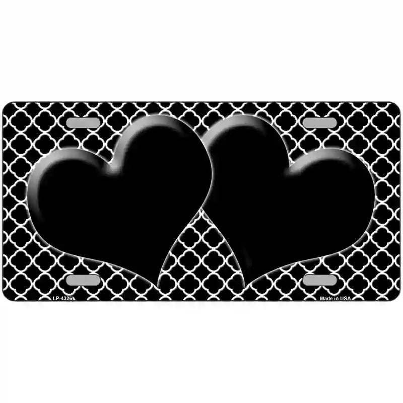 Black White Quatrefoil Black Center Hearts Metal Novelty License Plate 24" x 12" (LLP)