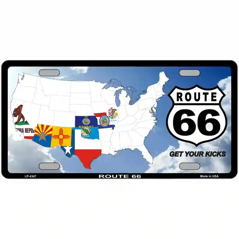 Route 66 8 Flags Clouds Metal Novelty License Plate 24" x 12" (LLP)