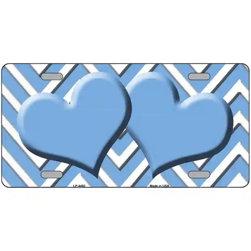 Light Blue White Chevron Light Blue Center Hearts Metal Novelty License Plate LP-4492 24" x 12" (LLP)