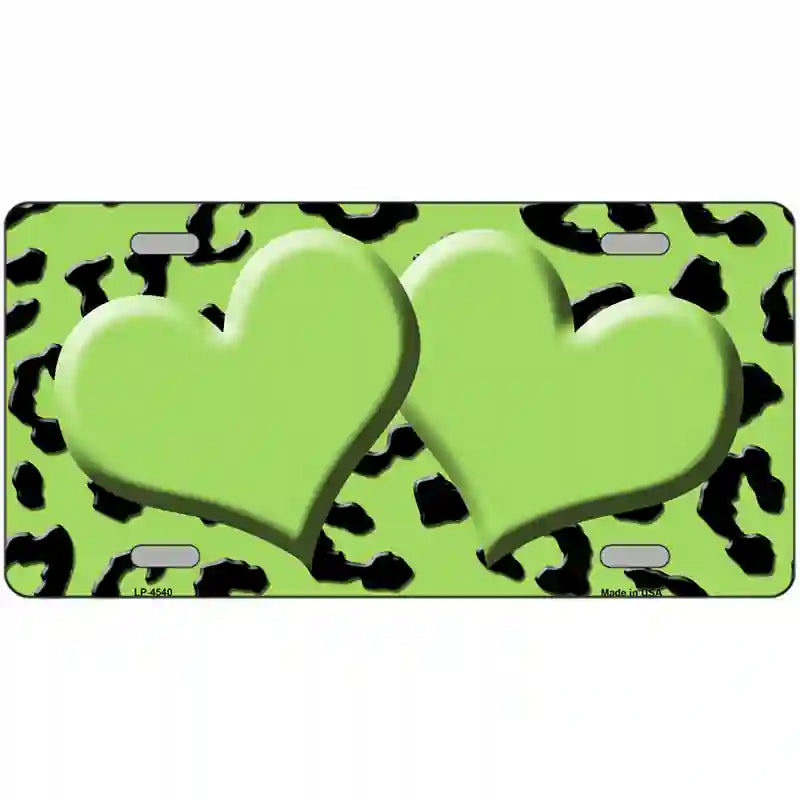 Lime Green Black Cheetah Lime Green Center Hearts Metal Novelty License Plate 24" x 12" (LLP)