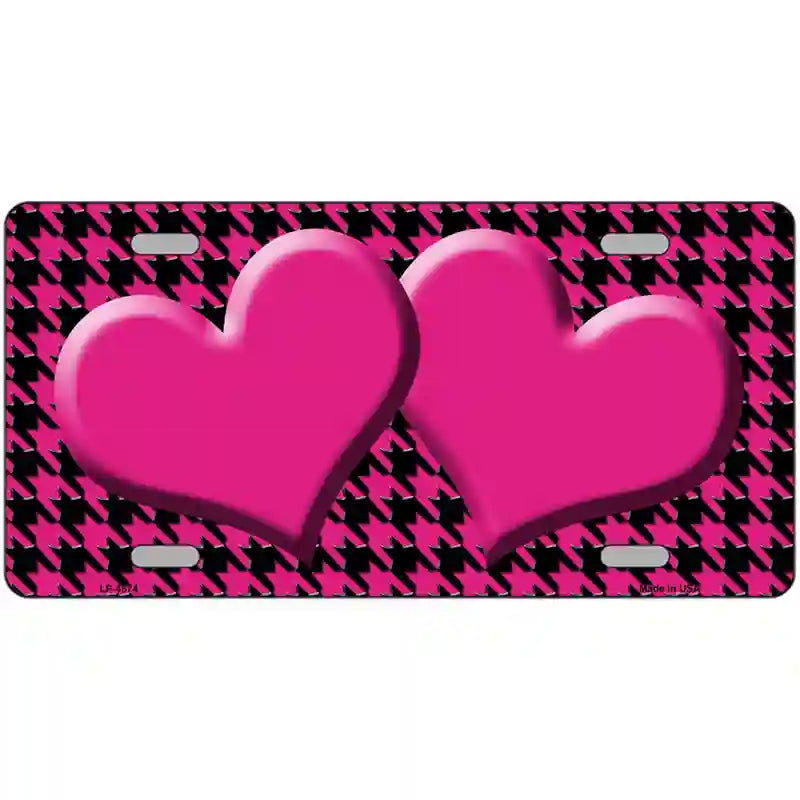 Pink Black Houndstooth Pink Center Hearts Metal Novelty License Plate 24" x 12" (LLP)