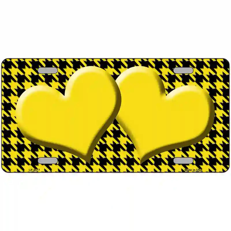 Yellow Black Houndstooth Yellow Center Hearts Metal Novelty License Plate 24" x 12" (LLP)